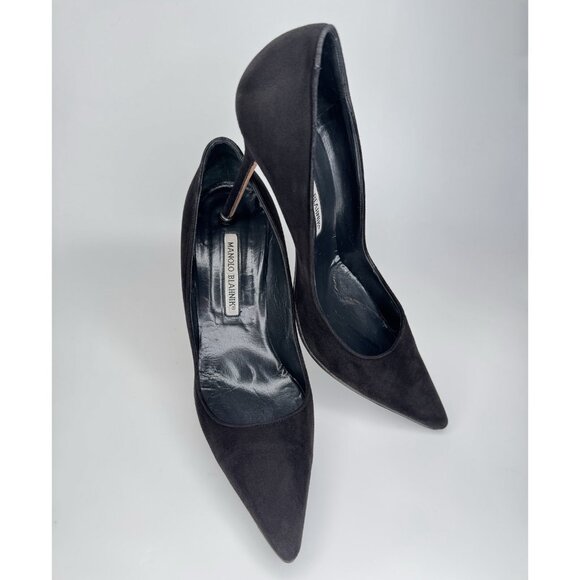 Manolo Blahnik Bipunta Size 39,5 Black Suede Leather Pumps Silver Heel Detail - Picture 6 of 11